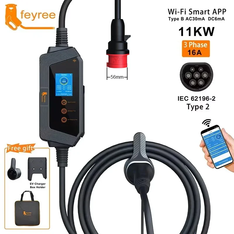 feyree 11KW 16A 3Phase Type2 P - đánh giá và giá Type 2 Portable Ev Charger 11Kw Cee